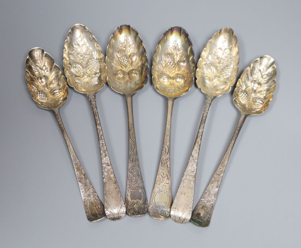 A pair of early George III silver Old English pattern berry spoon, Benjamin Cartwright II, London, 1764 & 4 others.